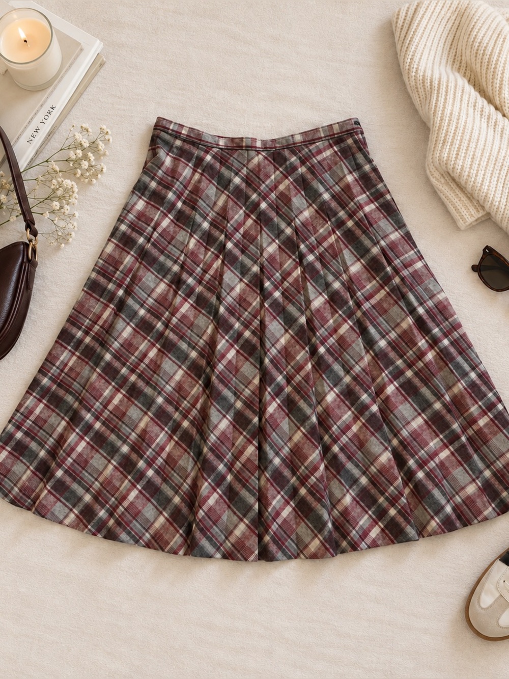 Vintage Plaid Midi Skirt in Burgundy and Gray